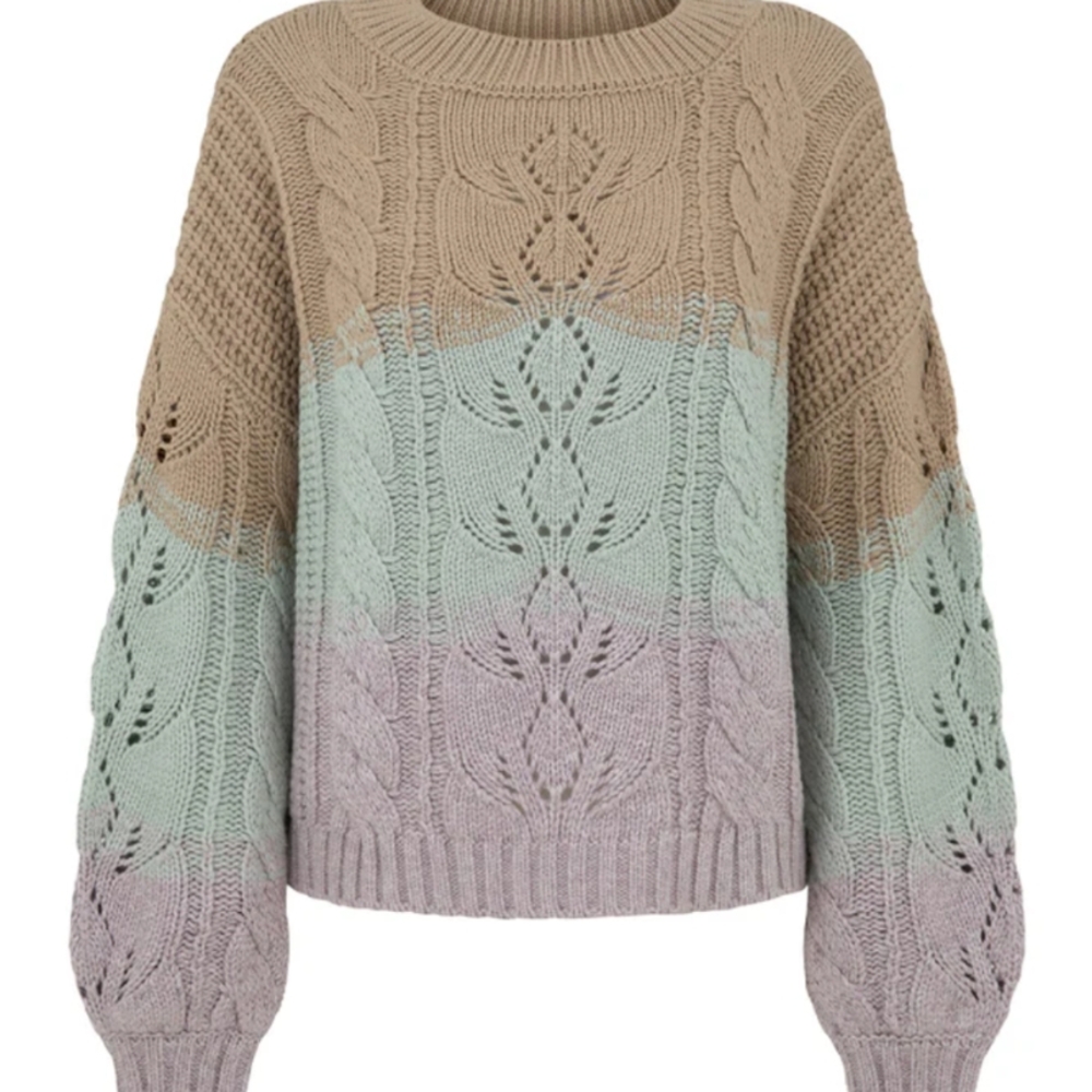 Spell Tan and Green Crew Neck Sweater with Balloon Sleeves